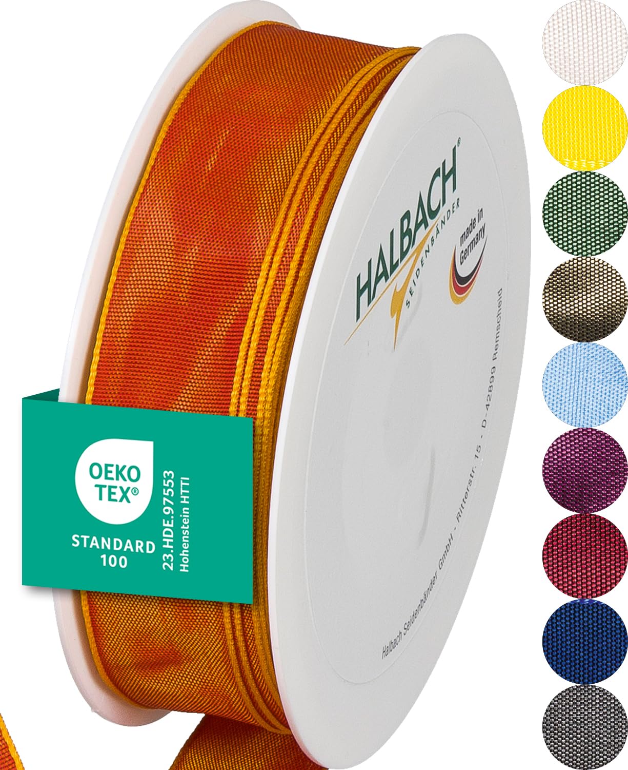 Halbach Seidenbänder Premium Geschenkband mit Drahtkante | Breite 25mm Länge 25m | Öko-Tex 100 zertifiziertes Schleifenband | Taftband Made in Germany, Farbe: dunkelorange