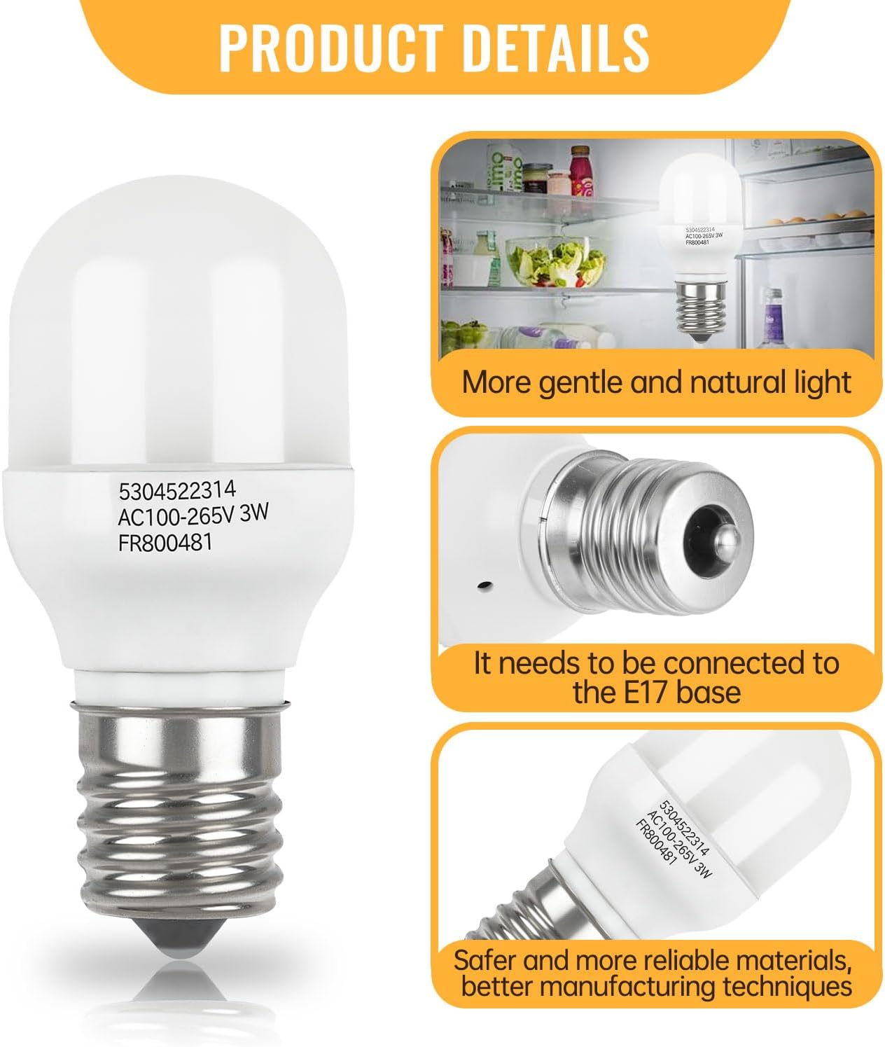 5304522314 Refrigerator LED Light Bulb Compatible with Electrolux Frigidaire, KEI D28X Refrigerator Light Bulb Replacement Base AC100-265V E17 3W