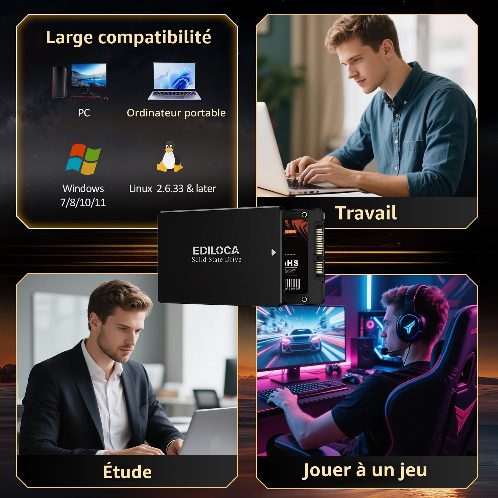 Ediloca ES106 Disque Dur Interne SSD SATA III 2,5" 3D Nand Jusqu'à 500 Mo/S en Lecture, Mise à Niveau de la MéMoire et du Stockage pour PC ou Ordinateur Portable (SSD 128 Go)