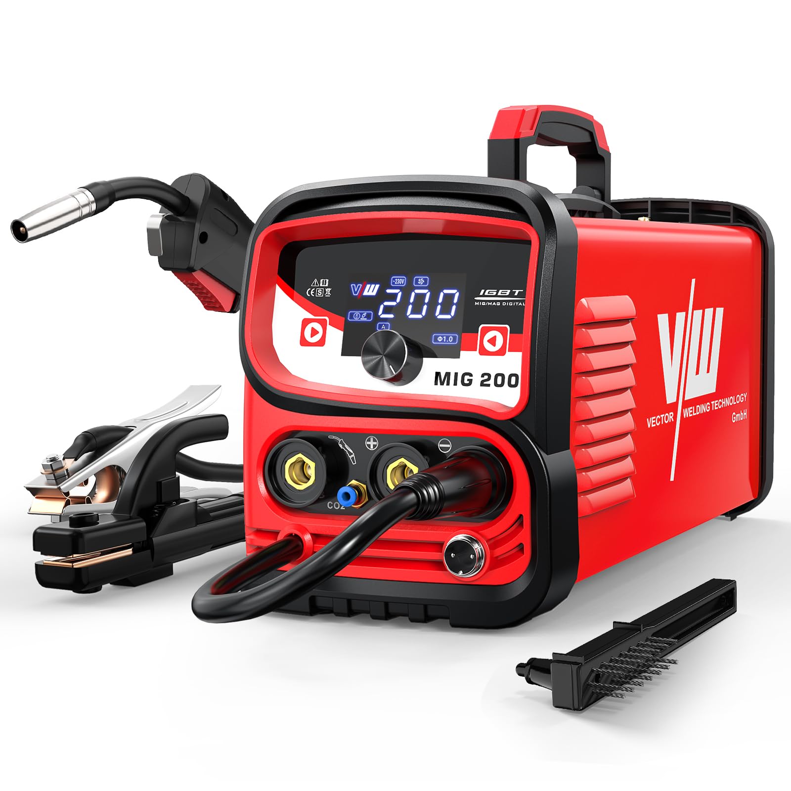 VECTOR WELDIN Soldador de Hilo 200A, 4 in 1 Máquina de Soldar MIG MAG | MIG con Gas, Flux MIG sin Gas, MMA y Lift-TIG, Tecnología Inverter IGBT, Pantalla LED, Control MCU, para Profesionales
