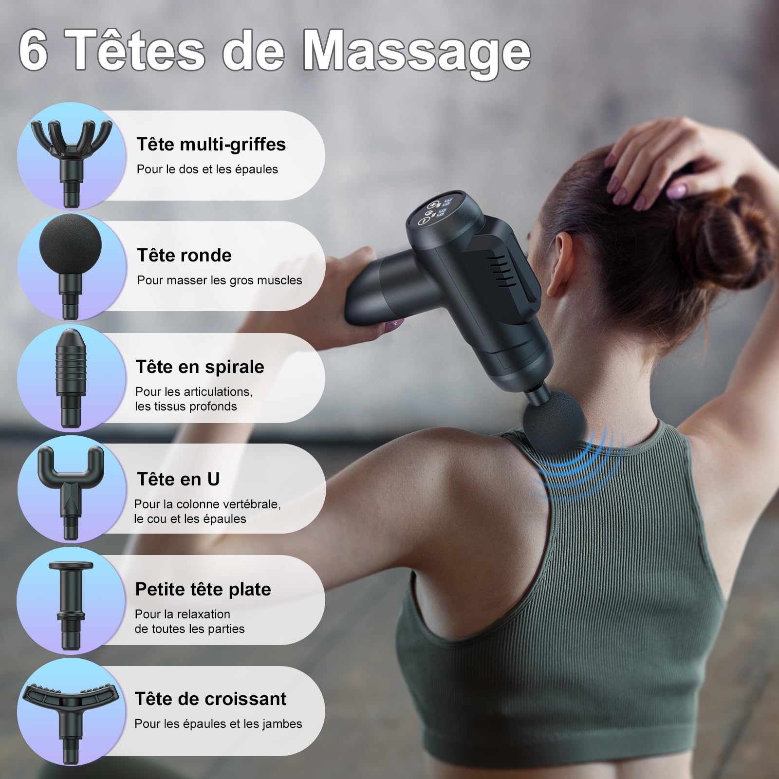 Pistolet de Massage Professionnel 99 Vitesses avec Écran LCD Tactile - Massage Musculaire Profond pour Dos, Épaules, Jambes - 6 Embouts, Silencieux, Anti-Douleur, Charge Type-C - Cadeau Femme/Homme