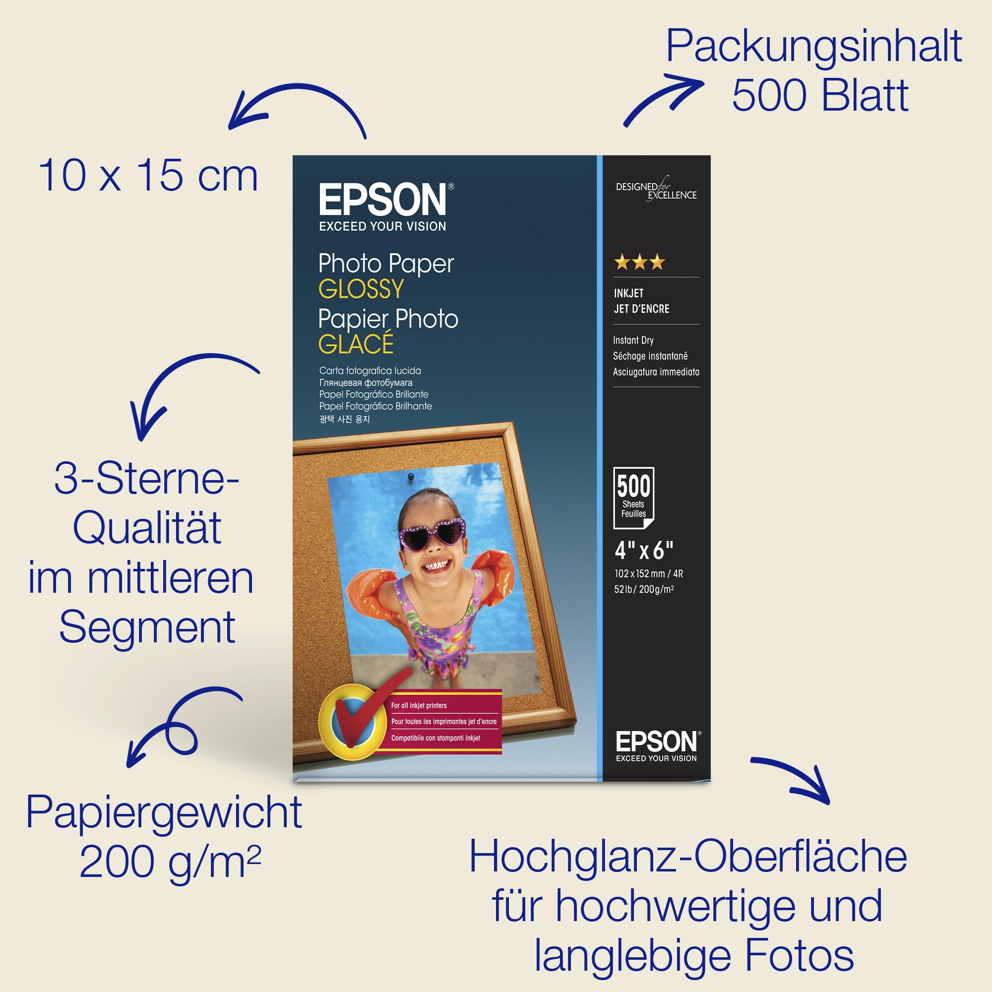 Epson Glossy Photo Paper (100 x 150 mm), 200 g/m2, 500 Blatt