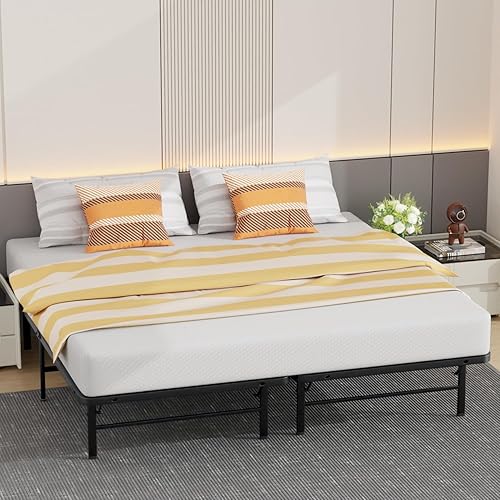 Miniatura 10 de BestMassage Base de cama plegable, marco de cama plegable de metal de 14 pulgadas con almacenamiento debajo de la cama, marco de acero resistente,