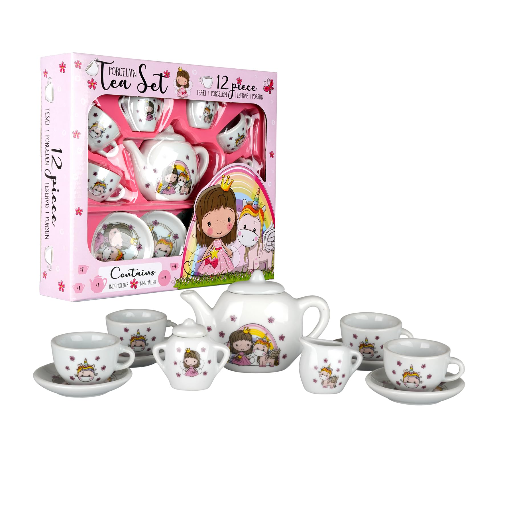 Barbo Toys - Lillie & Ellie 12-częściowy porcelanowy serwis do herbaty dla dzieci | zestaw do odgrywania ról na imprezę herbacianą od 3 do 8 lat | serwis do herbaty z dzbankiem do herbaty, cukiernicą