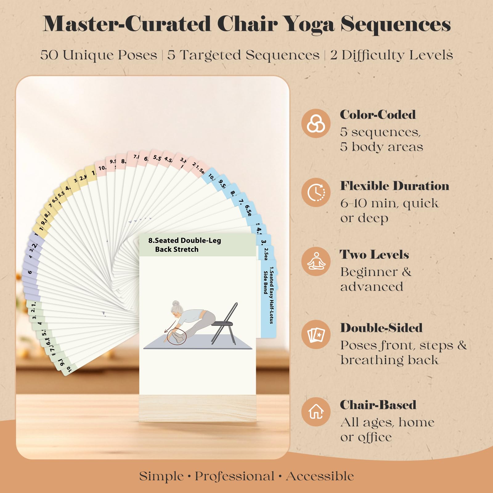 Carte da yoga con supporto in legno massello per anziani e anziani, 50 esercizi di stampa grandi con 5 routine guidate, il regalo perfetto per yoga, equilibrio, forza e flessibilità
