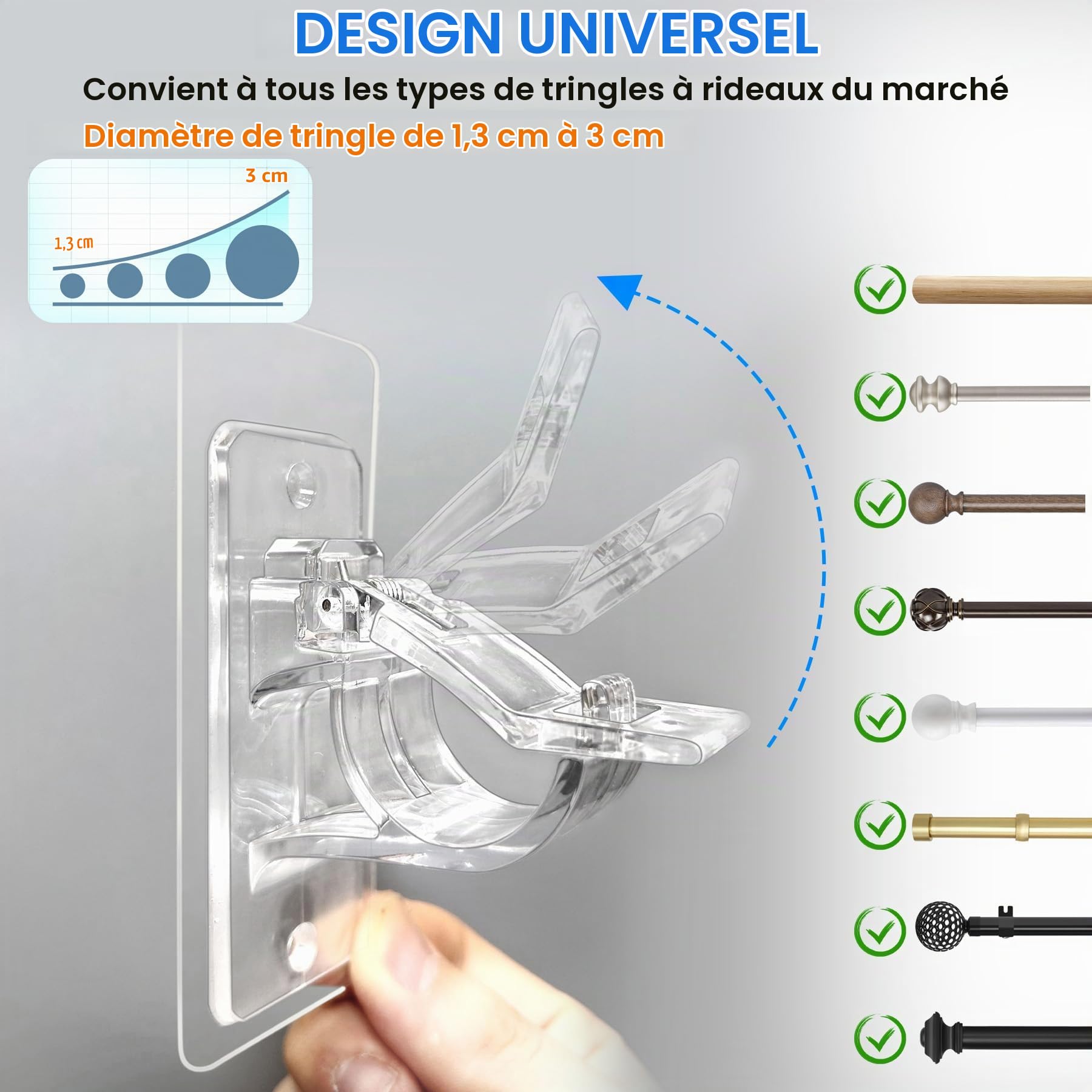 Antimbee Lot de 6 supports de tringle à rideaux auto-adhésifs sans perçage - Multifonctions - Sans clous - Pour dortoir, salle de bain, chambre à coucher, salon