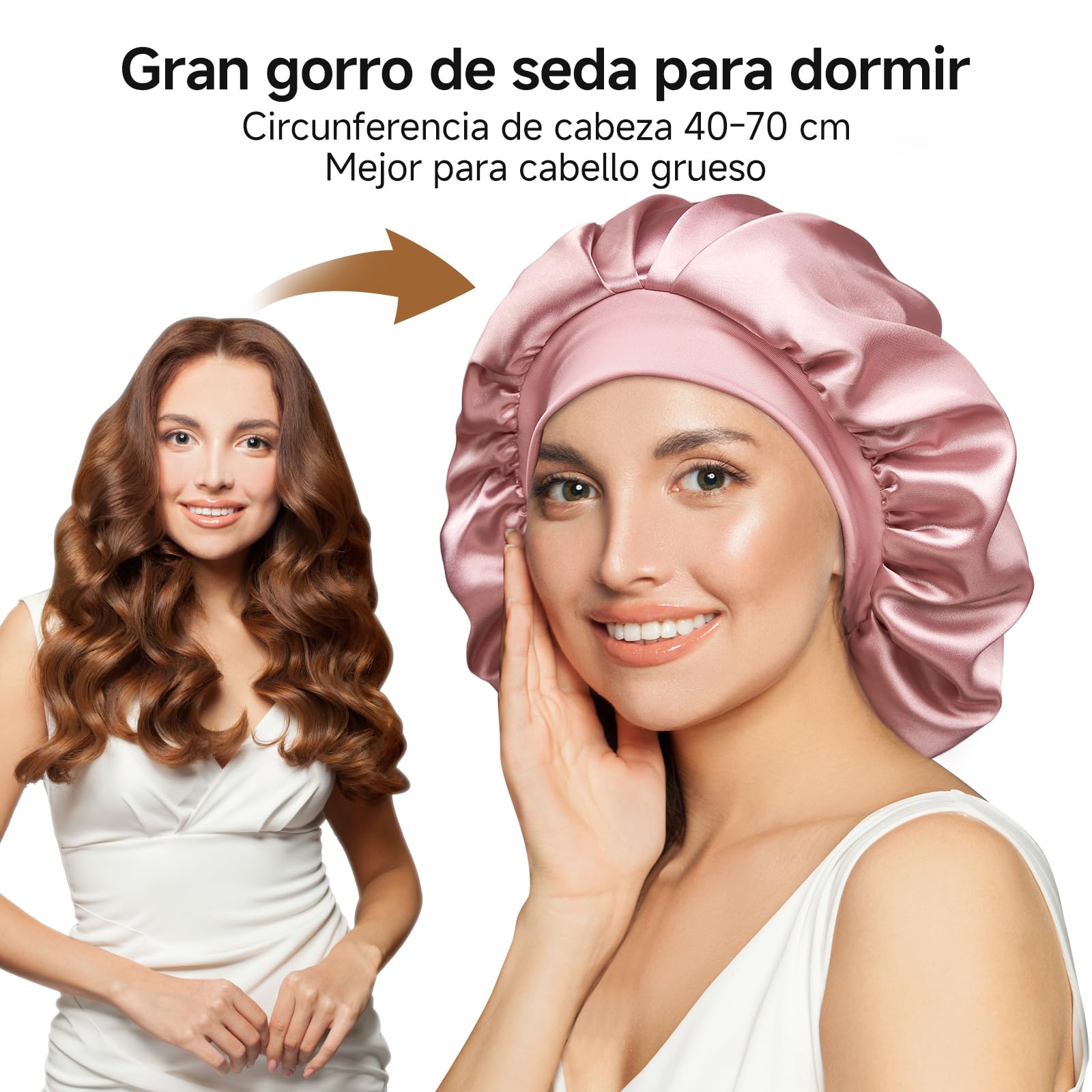 Umisleep Gorro de Seda para Dormir con Interior 100% Seda de Morera 6A de 22 Momme, Doble Capa – Gorro Grande para Pelo Rizado o Largo con Banda Ancha Ajustable, Antideslizante y ultrasuave