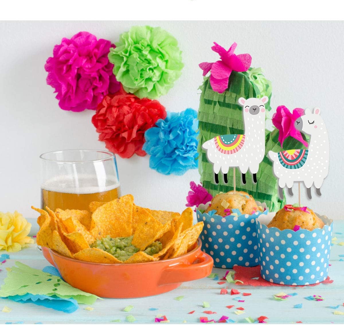 Llama Cactus Alpaca Cupcake Topper (48Pcs), Mexican Taco Llama Fiesta Cinco De Mayo Party Supplies Birthday Baby Shower Party Decorations