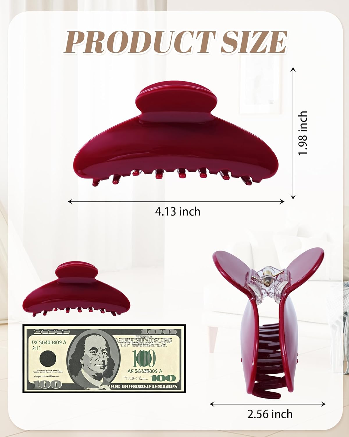 Lourny Acrylic Hair Clips for Women, 4.1 Inch Large Claw Clips for Thin Thick Hair Lightweight 4 PCS Non-Slip Cute Jaw Clips(Cherry Red) - Image 2