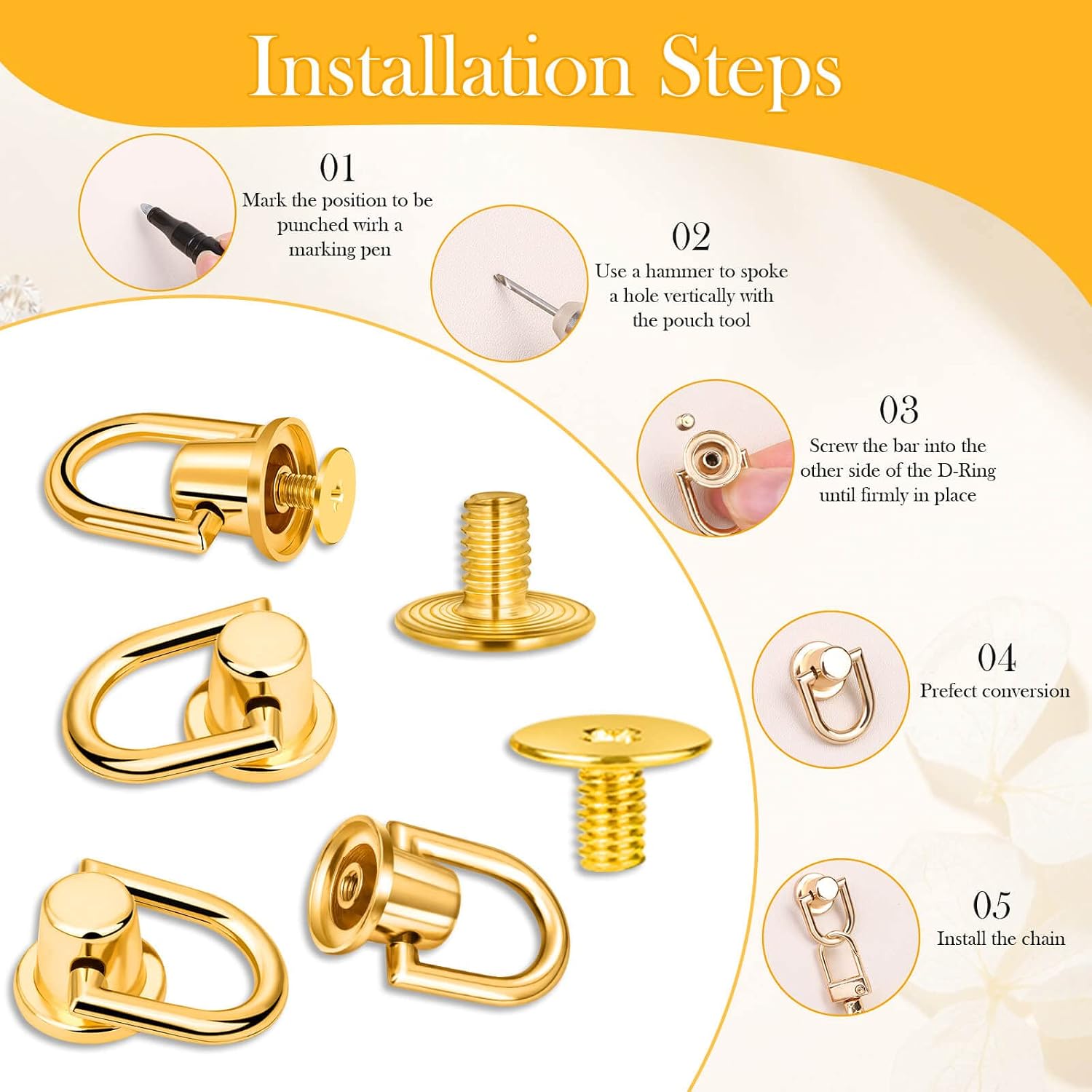 47" DIY Gold Shynek 2 Pieces Flat Chain Strap With D Ring Rivets, Purse Straps Replacement for Crossbody, Bag, Handbags
