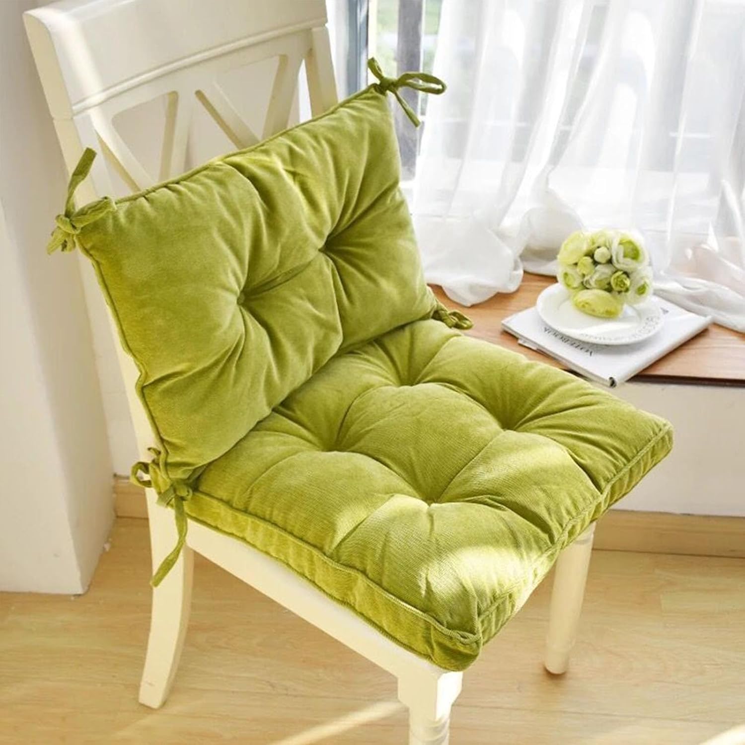 Chair Pads, Seat/Back Patio Cushions, Corduroy Solid Tufted Pillow, Indoor/Outdoor Pads with Ties, Washable Swing Replacement Cushions, 17"x17"x3", Green
