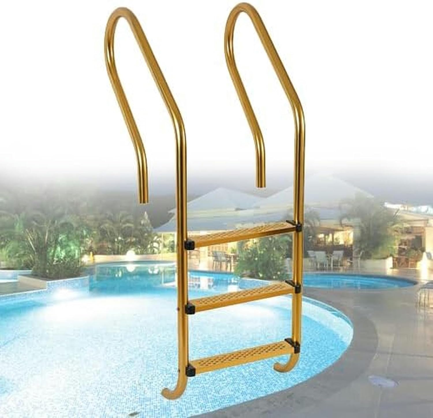Gold Stainless Steel Pool Ladder, Ground Pool Access Device, Pool Handrail W/Base Cover, Easy Assemble Climb (2/3/4 Steps)