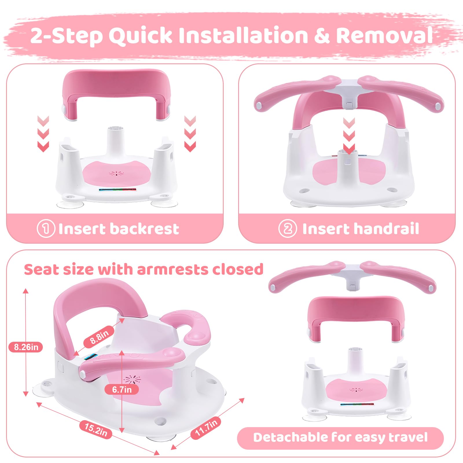 Siège de bain pour bébés de 6 mois et plus assis, siège de bain pour bébé avec alerte de température et coussin antidérapant, siège de bain pour bébé (siège de bain pour bébé, rose)