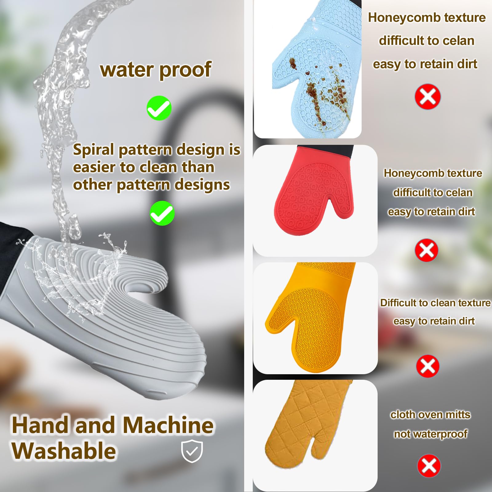 Ofenhandschuhe, Silikon, Ofenhandschuhe, hitzebeständig, 250 °C, Silikon, Ofenhandschuhe, 1 Paar, BPA-frei, rutschfest, für Küche, Mikrowelle, Ofenhandschuhe