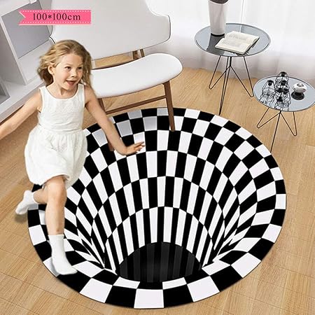 Amazon 3d錯覚カーペット ブラックホール ノンスリップ敷物 渦の錯視 ステレオラウンド毛布 黒と白の三次元錯覚 市松模様ブランケット 北欧玄関マット チェッカー ラグ 滑り止め おしゃれ リビング ダイニングルーム ベッドルーム オフィス用 ラグ カーペット