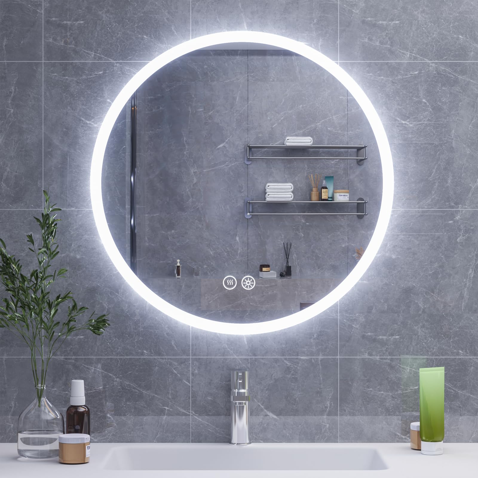 HySail Espejo Baño con Luz, Espejo de Plata HD 5 MM, 3 Temperaturas de Color Y Brillo Regulable, Espejos de Baño con LED Montado En La Pared con Interruptor Táctil, Anti-Vaho, Redondo