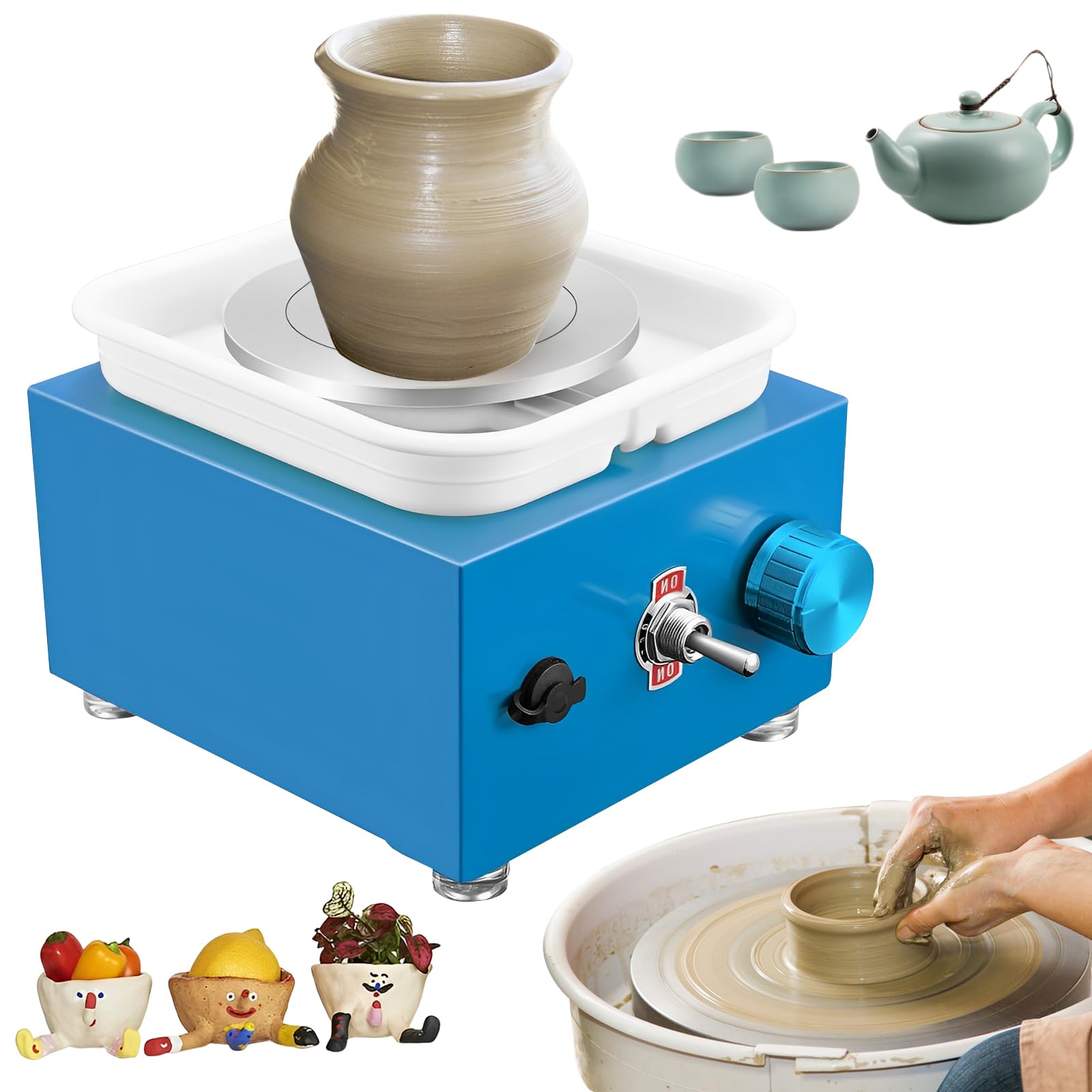 Töpferset Für Kinder Drehteller Elektrisch, 2000 U/Min Kinder Töpferscheibe Elektrisch Drehscheibe Töpfern, Töpferset Für Zuhause Mit 6,5/10 cm Drehteller, Wasserbecken Und Keramikwerkzeugen