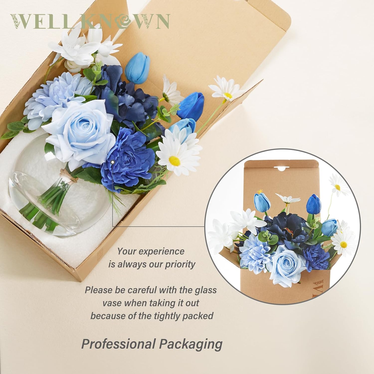 WELL KNOWN Artificial Flowers with Vase Silk Flower Arrangements in Round Bowl Vase with Faux Water for Home Table Decoration (Mixed Blue) - Image 5