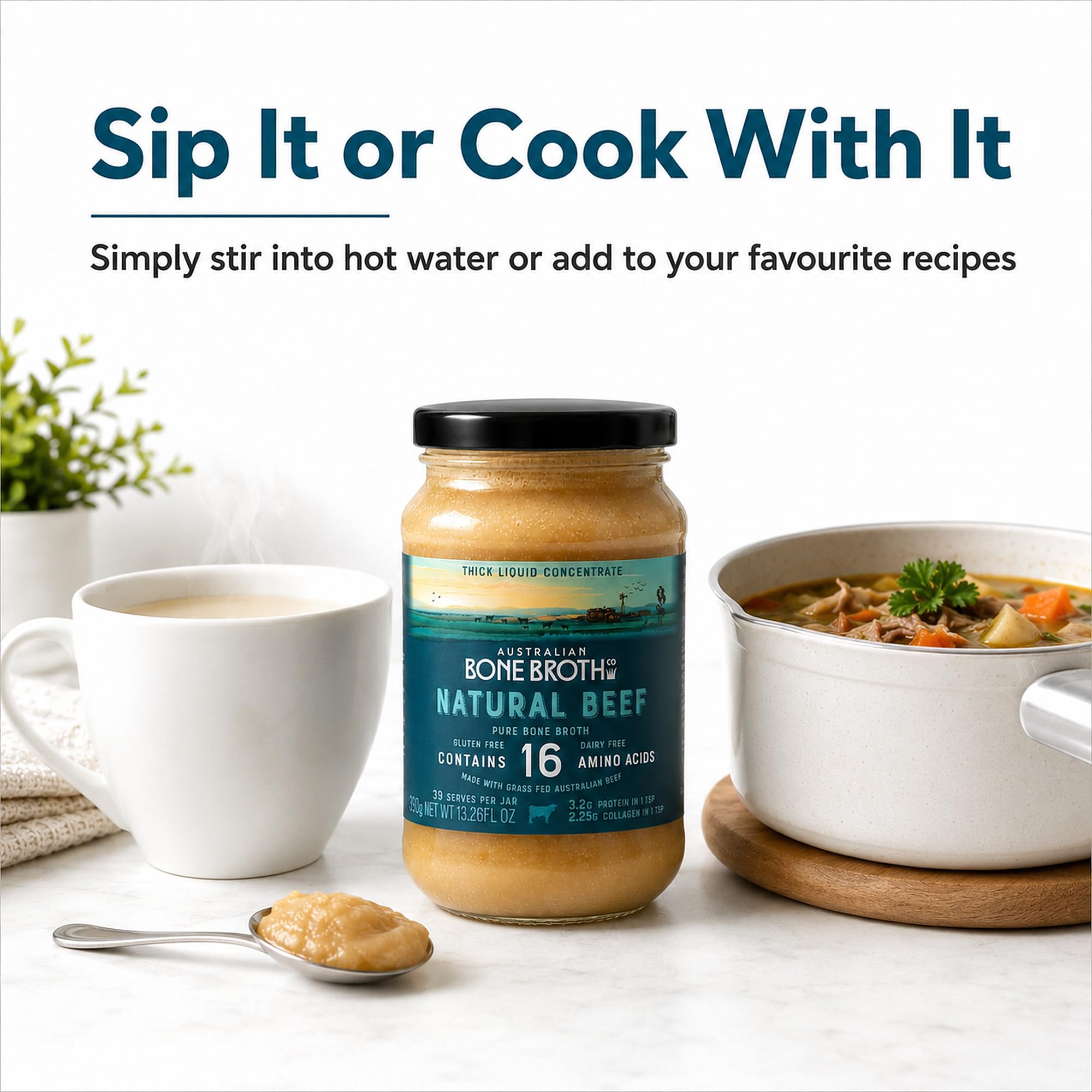 Brodo australiano di manzo concentrato - Bevanda istantanea di brodo di ossa naturale - Senza glutine e latticini - Ideale per zuppe, brodo, brodo da bere - Barattolo di 375 g