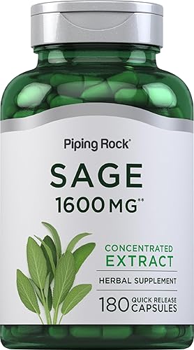 Piping Rock Suplemento de salvia para mujeres y hombres | 1600 mg | 180 cápsulas | Extracto de hoja de hierbas | Sin OMG, sin gluten