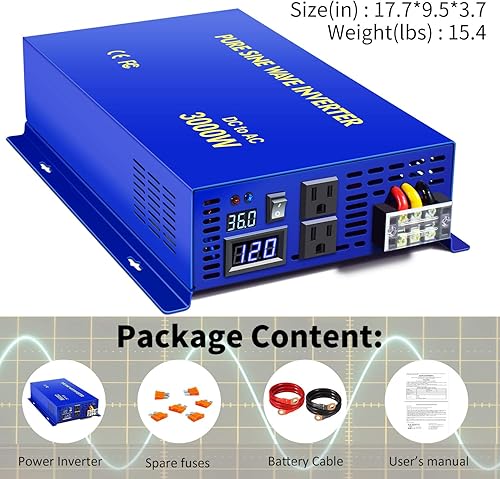 Miniatura 7 de Inversor de corriente de onda sinusoidal pura de 3000 W, 12 V a 110 V, 120 V CC a CA con 2 salidas de EE. UU., 2 juegos de cables de batería,