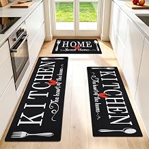 Kitchen Rugs Set 3 Piece, Non Slip Kitchen Mats for Floor, Soft Fabric with Rubber Backing, Farmhouse Anti Fatigue Runners Carpet for Home Kitchen Laundry Room Hallway Black