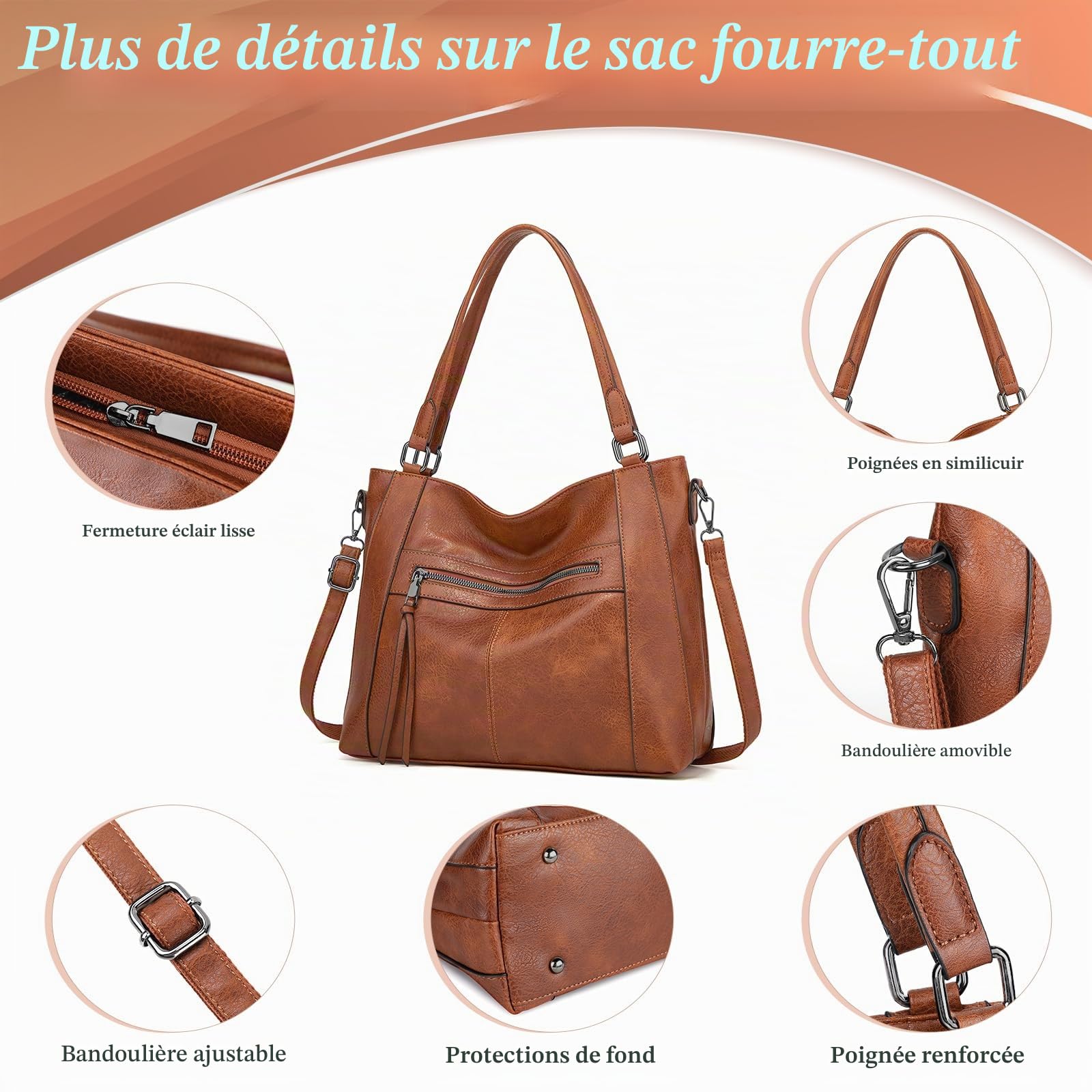 BAIGIO Sac a Main Grand Cuir PU Sac Hobo Sac Cabas Femme Sac Bandoulière Fourre Tout Messenger et Portefeuille Ensemble pour Travail Shopping Party Voyage