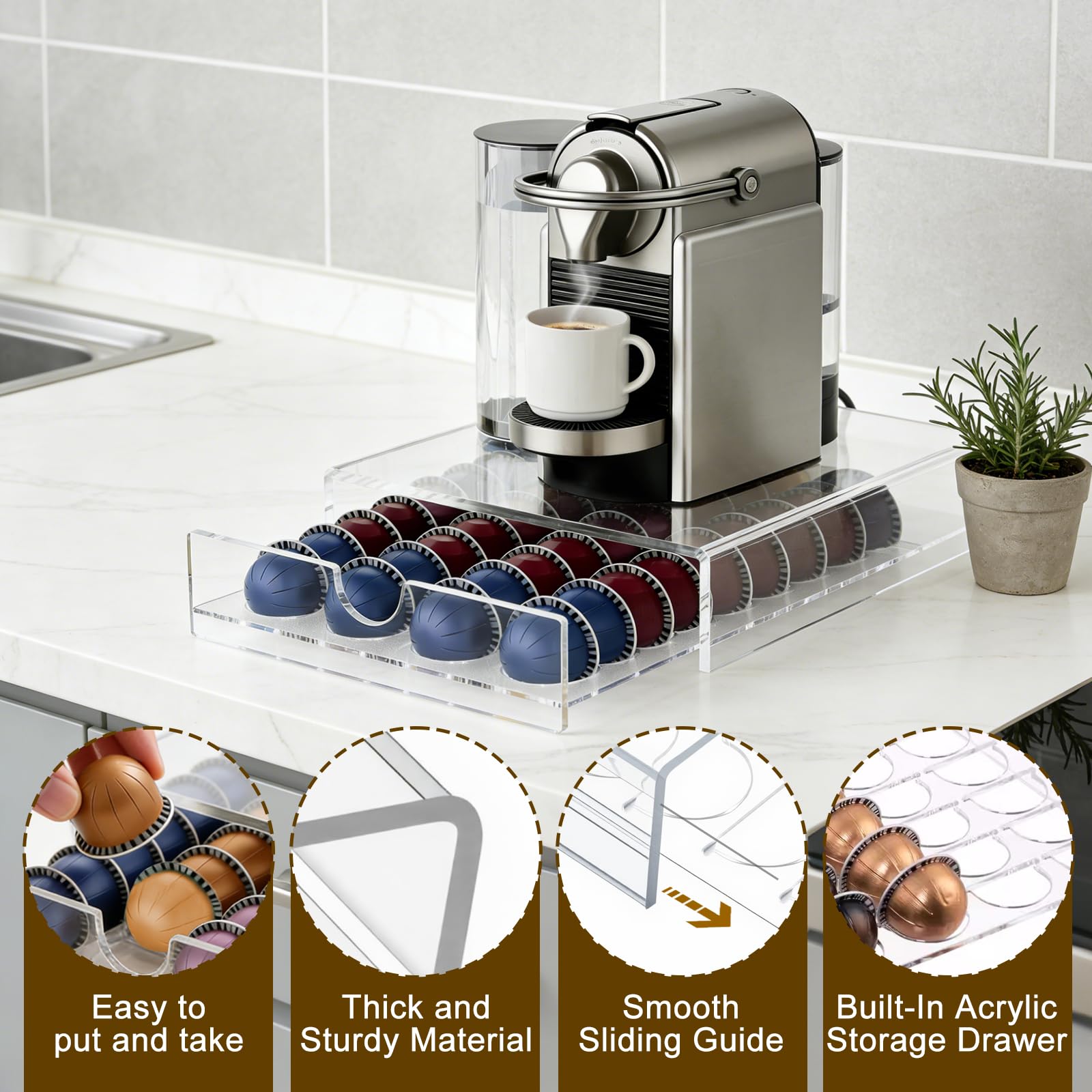 Cajón de Almacenamiento Transparente para Cápsulas de Café Nespresso Vertuo, Soporte para Cápsulas con Cajón Deslizante, Acrílico para Máquina de Café