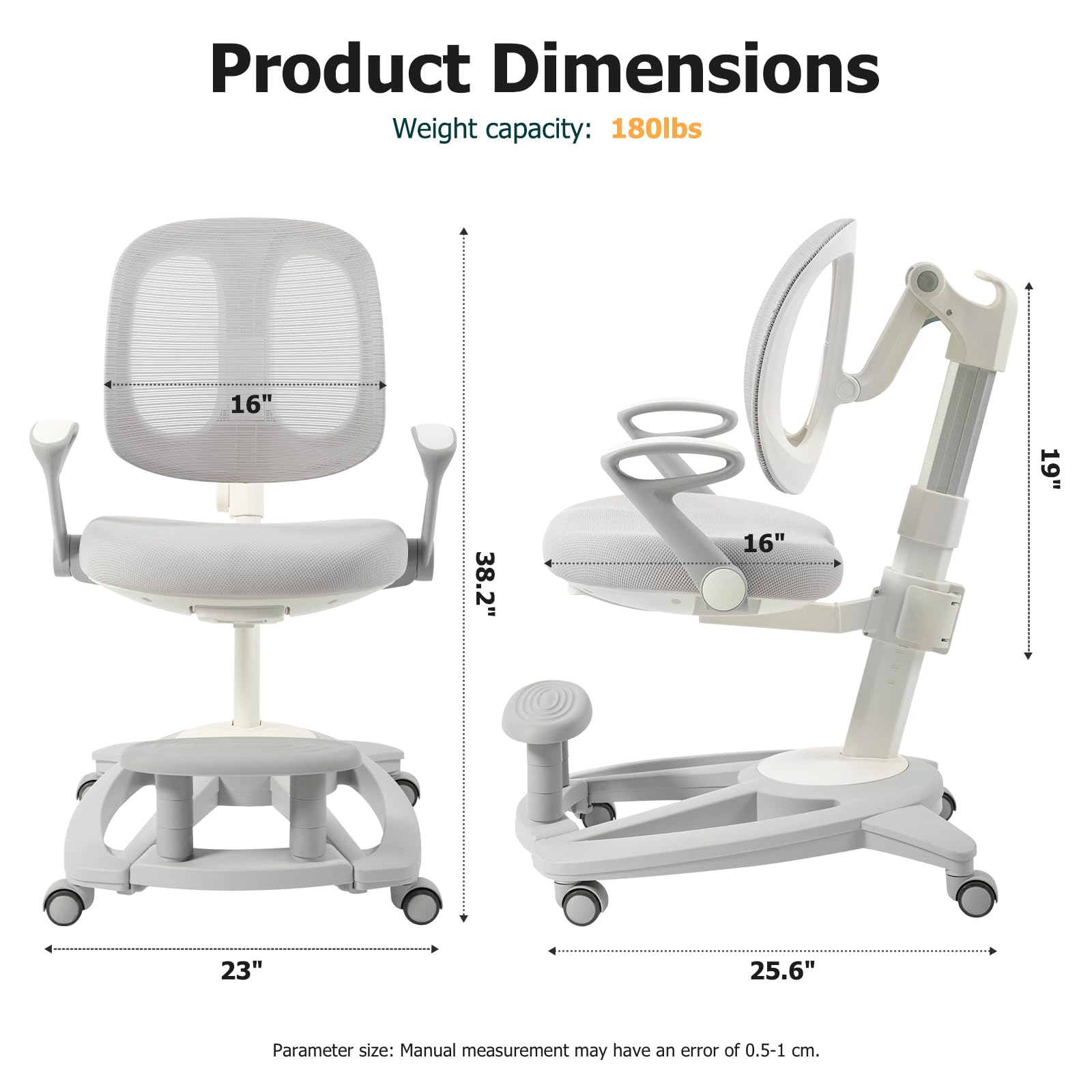 Ergonomic Kids Desk Chair with Footrest & Height-Adjustable Seat, Multifunctional for Study, Work & Dining – Comfy Cushion & Smooth Wheels for Boys & Girls (Grey)