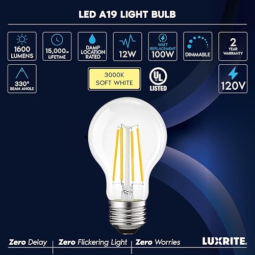 Miniatura 7 de LUXRITE Bombillas LED vintage A19 equivalentes a 100 W, 1600 lúmenes, 3000 K blanco suave, bombillas Edison regulables, 12 W, clasificación húmeda,