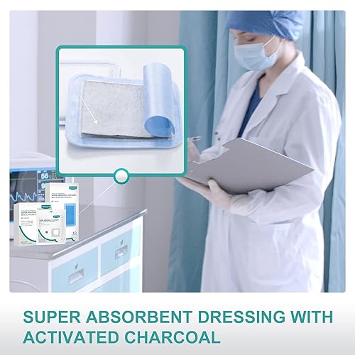 Miniatura 6 de Dimora Apósito superabsorbente mejorado con carbón activado, antiolor superior que absorbe la humedad, apósito para heridas, 4 x 8 pulgadas, 10