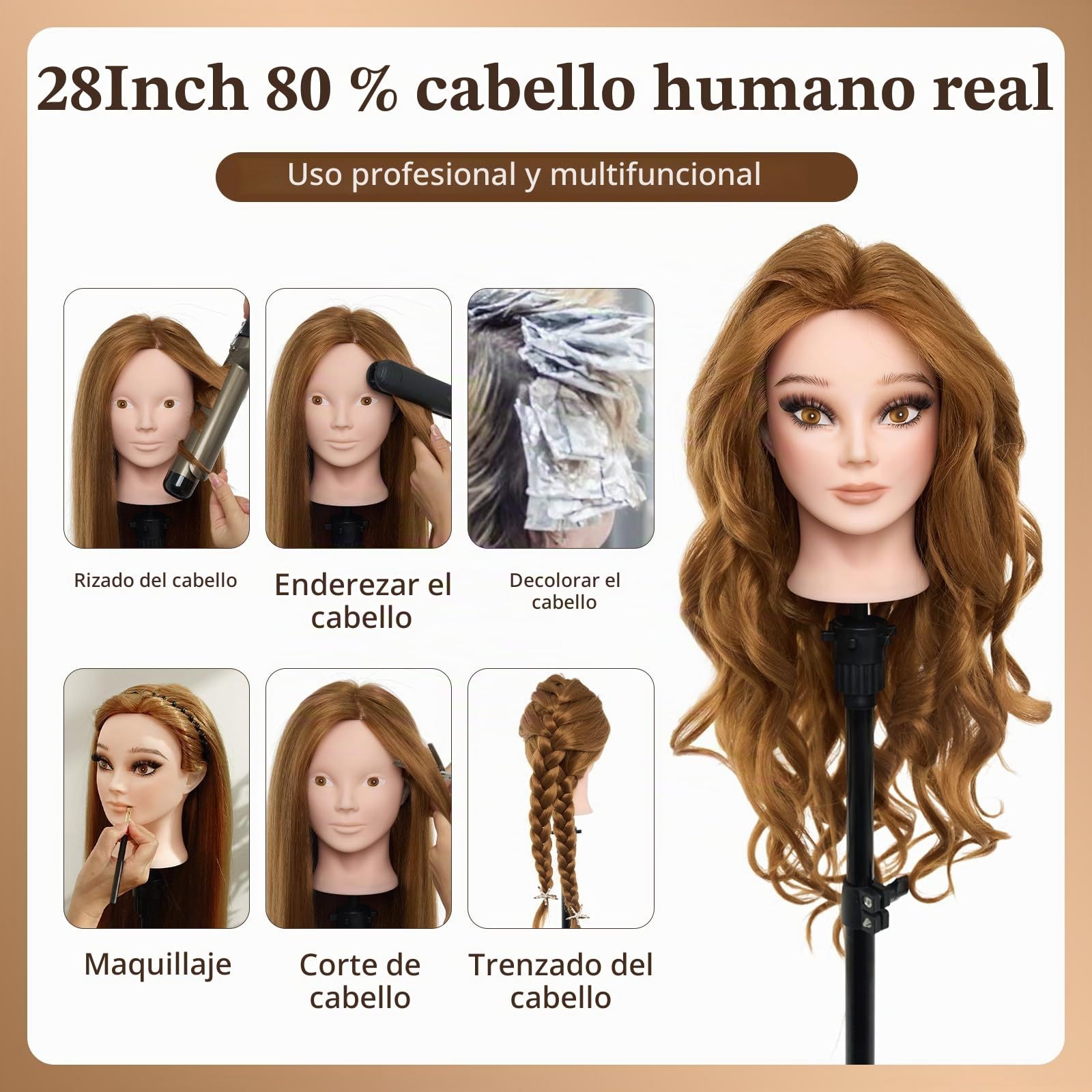 Cabeza de Peluqueria Neverland 24" 80% Pelo auténtico Practicas Formación Muñeca de la Cosmetología práctica maniquí muñeca para Peluquería con Soporte + Accesorios de Peinado DIY