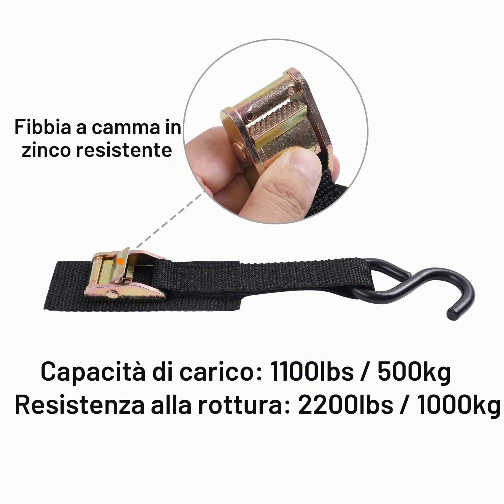 Ayaport Cinghie di fissaggio con fibbia a camma, 4 x 1000 kg, resistenza alla rottura, con ganci a S, per moto, kayak, auto, camion, barca, moto da cross, confezione da 4 (3 m)