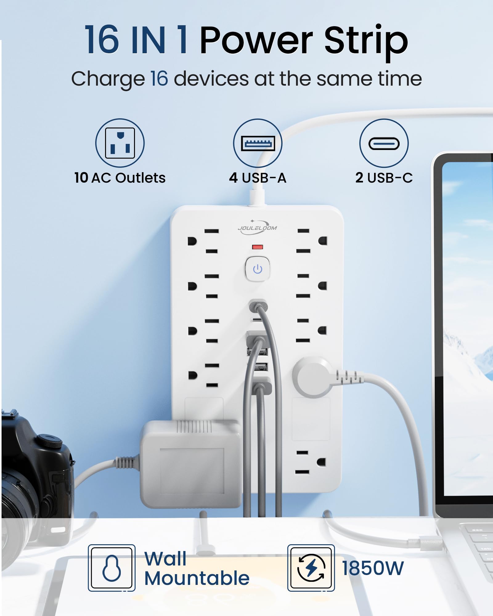 JouleLoom - Regleta de protección contra sobretensiones, 10 Salidas (1850 W/15 A) con 6 Puertos USB (2 USB C), Cable de extensión de 6 pies para Montaje en Pared, listado ETL para el hogar