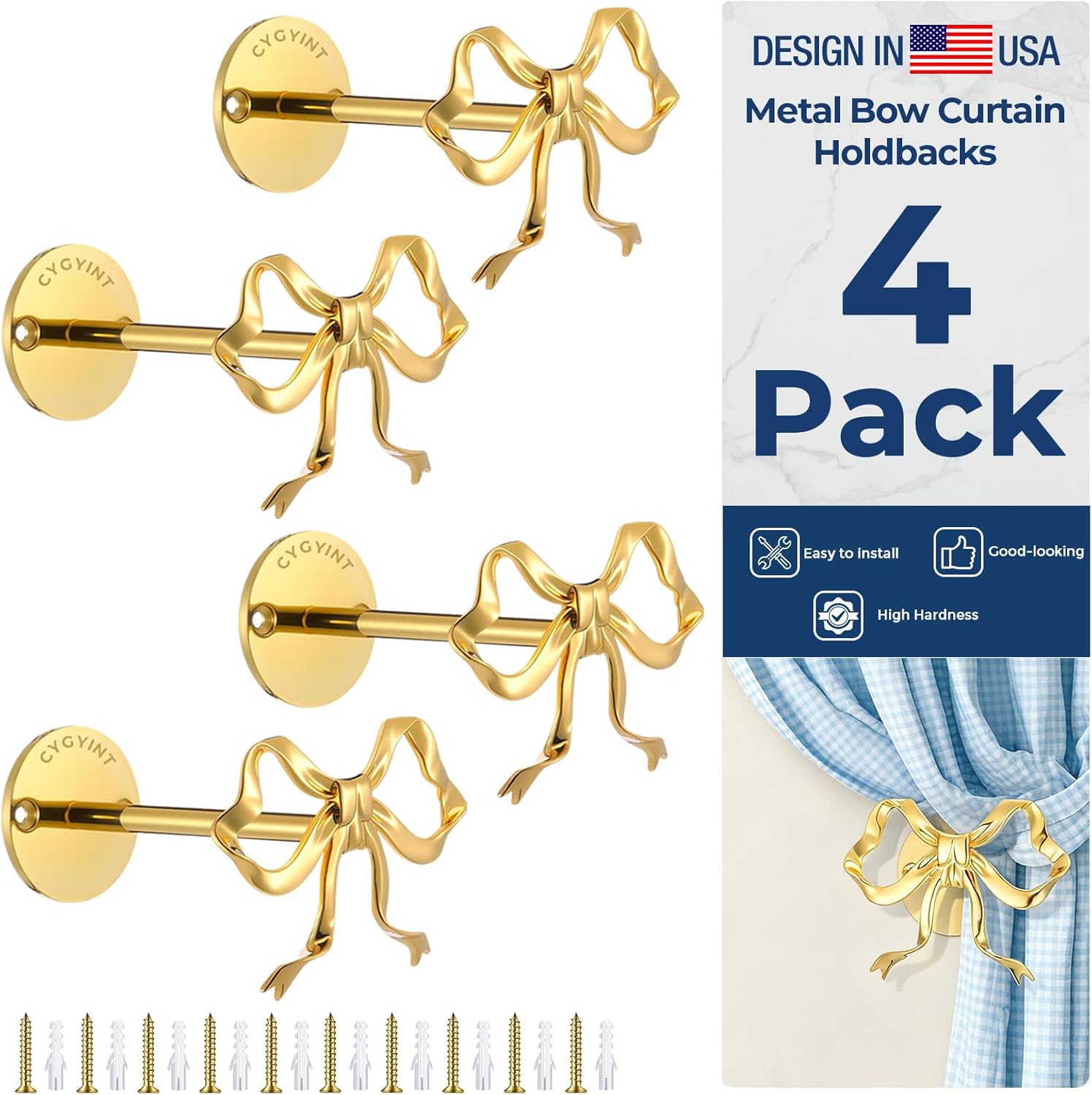 4 Pack Metal Bow Curtain Holdbacks, Gold Wall Mounted Bow Curtain Holdbacks, Wall Mounted Decorative Drapery Pull Back Hooks with Screws for Living Room, Bedroom, Home Office Decor