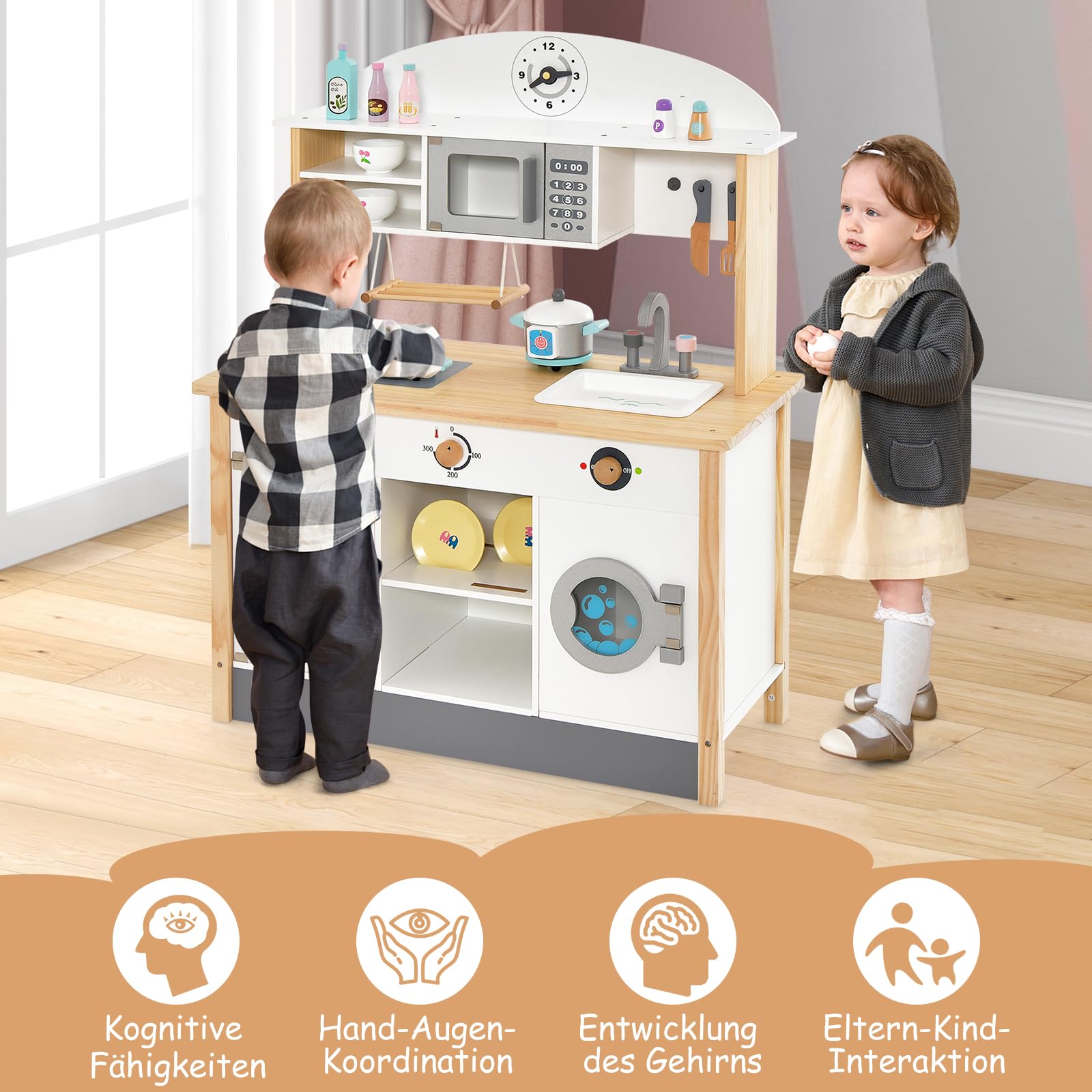 GOPLUS Kinderküche mit Spielzubehör, Spielküche mit Backofen, Mikrowellen, Wasserbecken & Waschmaschine, Stabiler Spielzeugküche mit offener Fächer und Schränke, für Kinder ab 3 Jahren