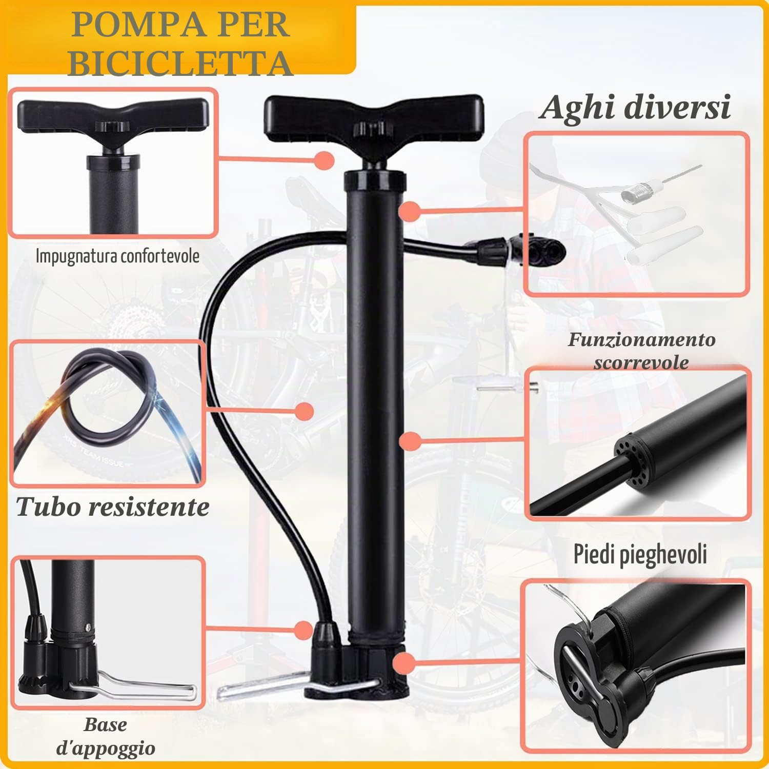Taeku Pompa da Pavimento, Multifunzione 120 psi Portatile della Pompa per Bici MTB con Tubo Flessibile Adattatori per Presta e Schrader Valve per Bici Palle