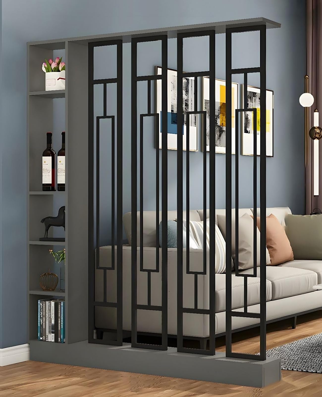 Kavie Wall Room Divider Bookshelf, Modern Wood Bookcase with Translucent Screens Storage Cabinet for Stylish Home Office Decor Display (Grey+Black,55"