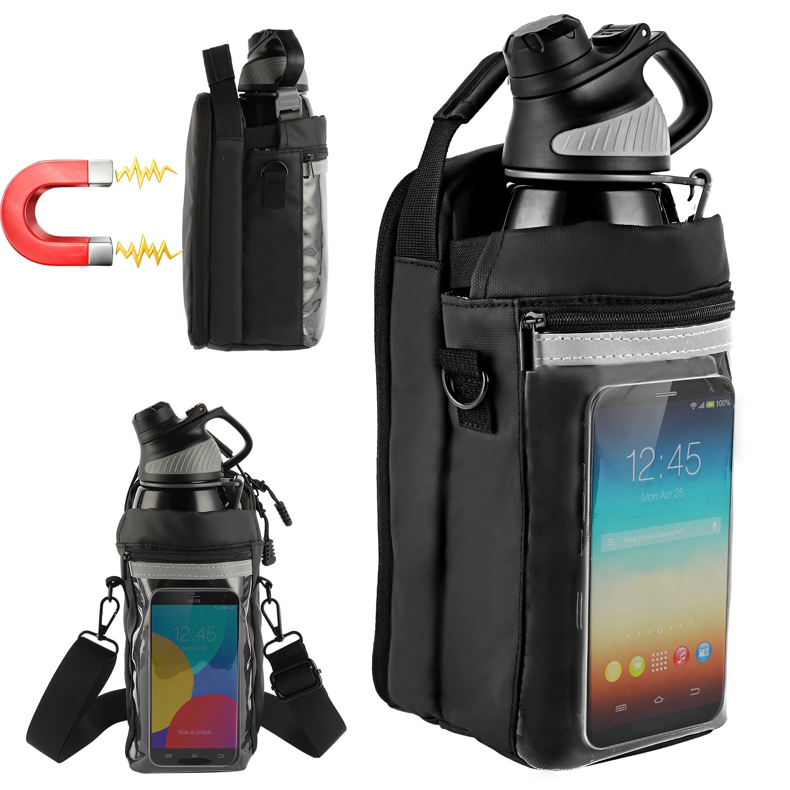 Magnetic Gym Bag for Men Women - 5lb Force Water Bottle Pouch + Clear Touchscreen Phone Pocket (Use Phone Instantly) | Workout & Travel Must-Have (