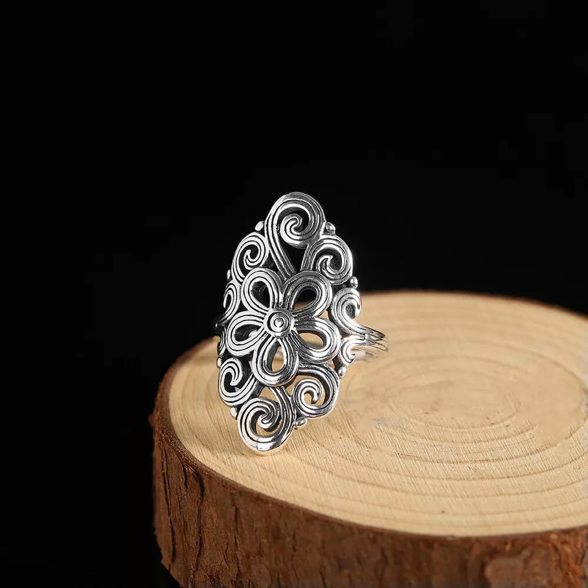 Bague en argent véritable S925 femme homme avec anneau large ciselé fleurs