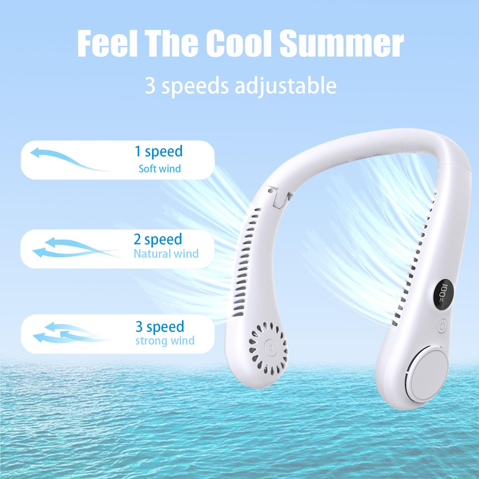 LAESO Ventilatore da collo portatile, ventilatore da collo pieghevole senza lama a mani libere, display LCD, ventilatore da collo a 3 velocità alimentato tramite USB, per esterni e interni