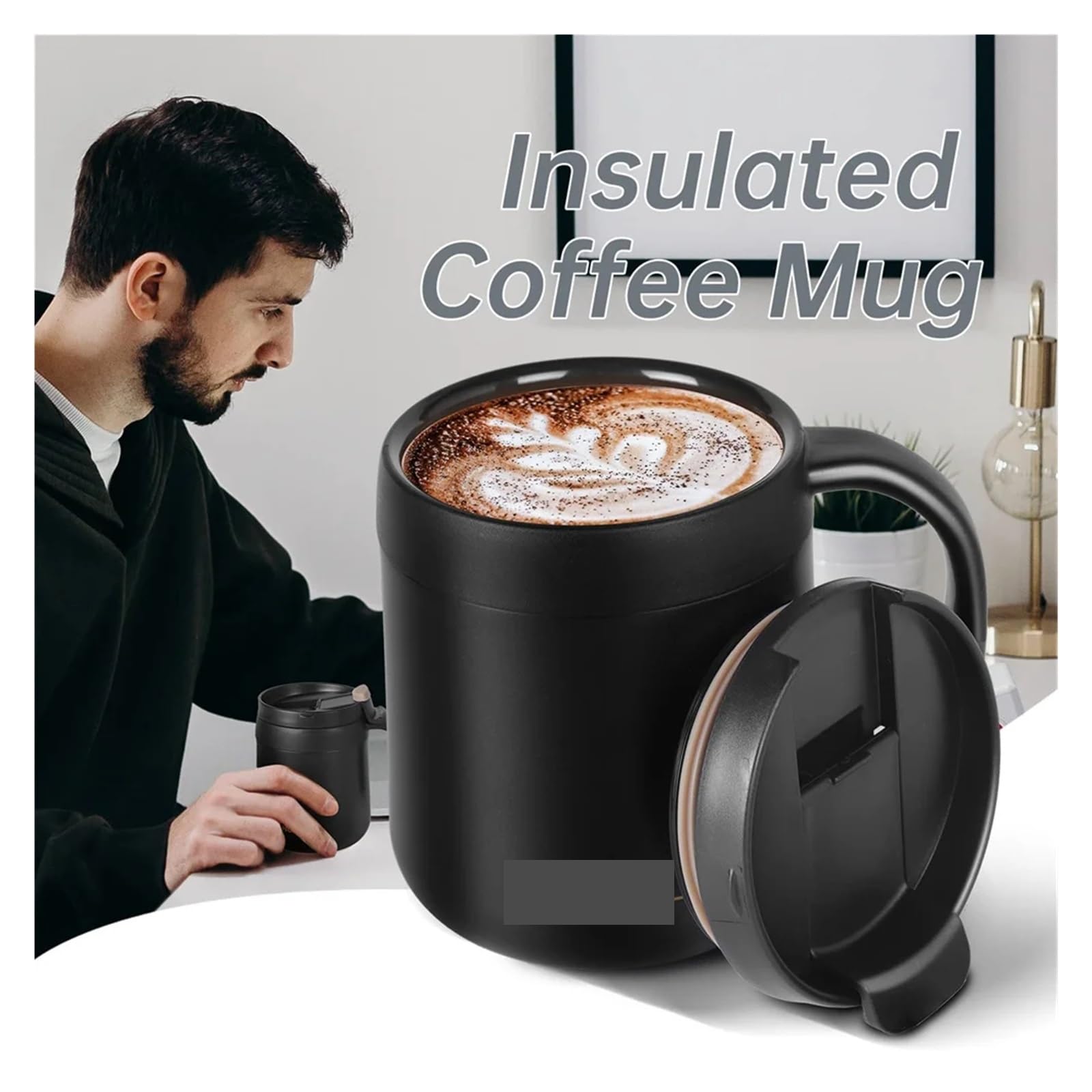 Taza de café aislada con asa, vaso acero inoxidable, tazas té labio para Café(500ml,Black)