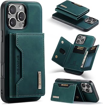 Wallet Case for iPhone 16 Pro, DG.MING Premium Leather Shockproof Protective Phone Case Back Cover Magnetic Detachable with Trifold Wallet Card Holder Slots Kickstand Green
