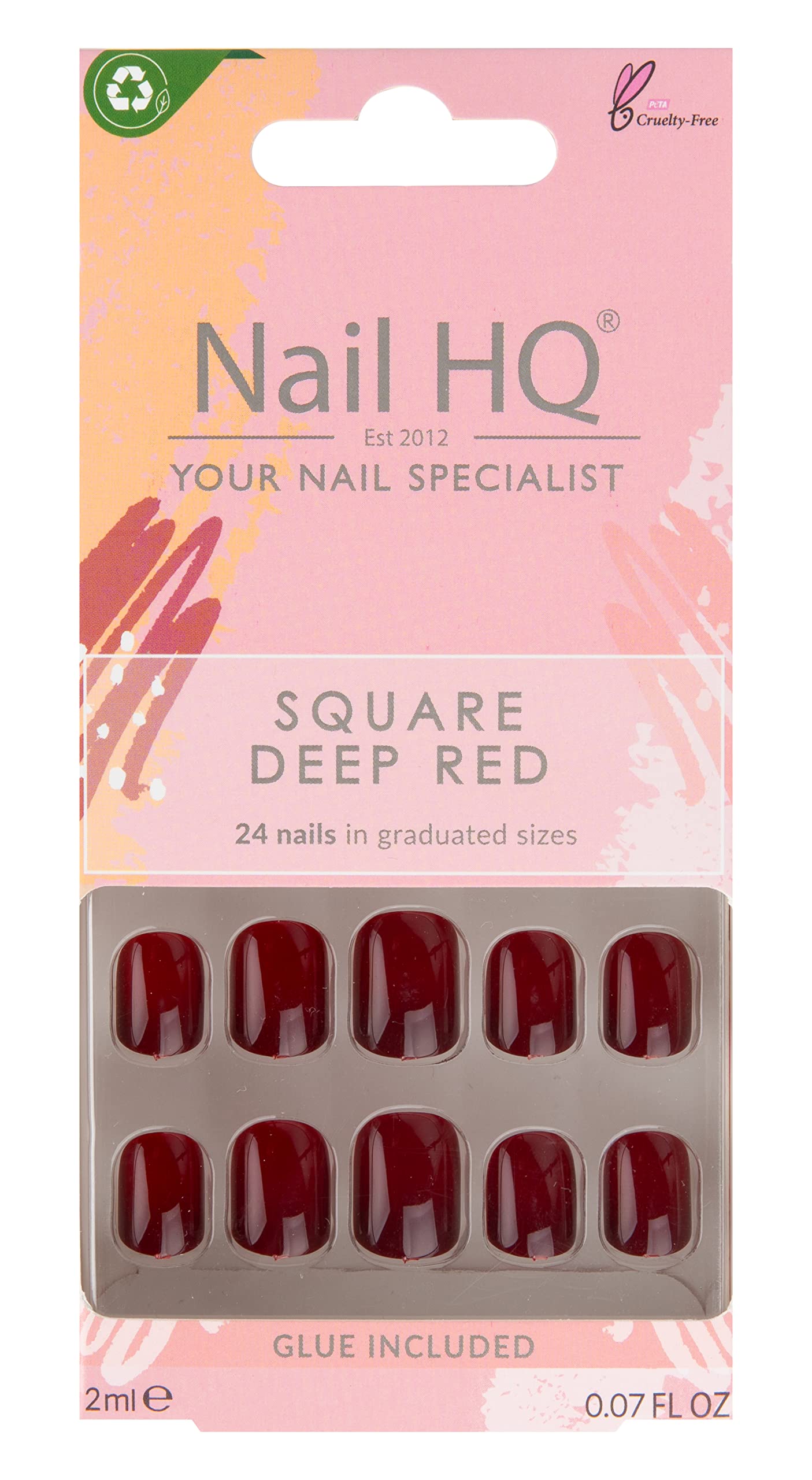 Nail HQ Salon False Nails - Square Deep Red - 24 Nails with Glue Included
