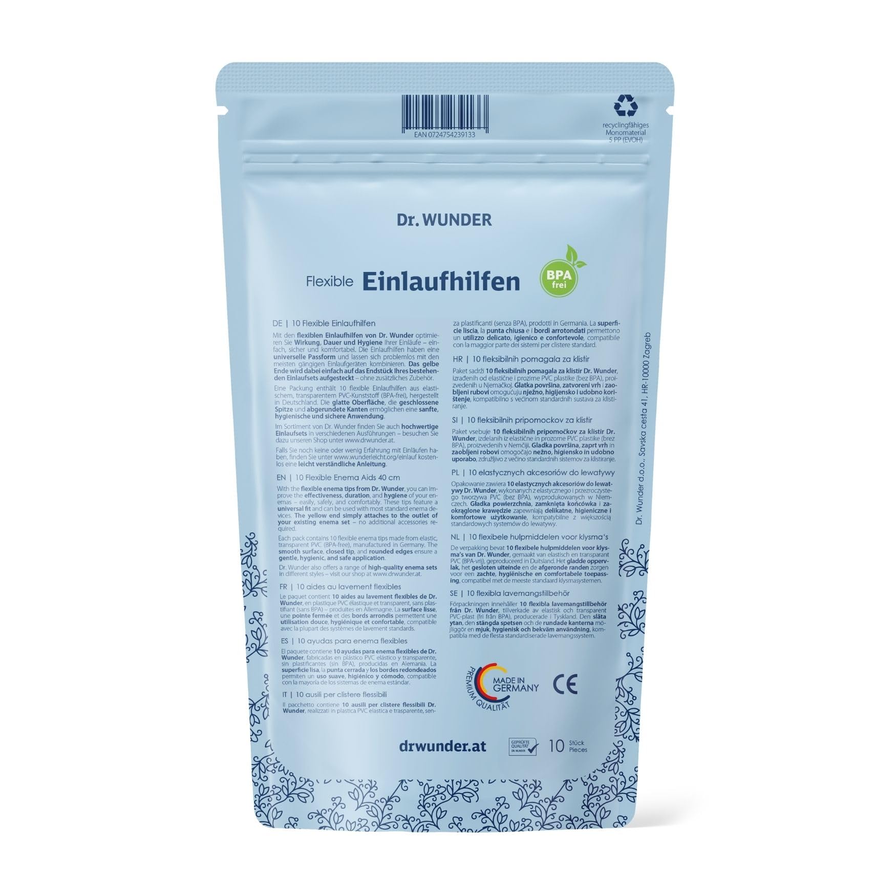 Dr. Wunder® 10 sztuk Elastyczne pomoce do lewatywy | miękki materiał, okrągła końcówka i zaokrąglone krawędzie | długość 40 cm, ∅ 6,7 mm | uniwersalny rozmiar do powszechnie stosowanych irygatorów i zestawów do lewatywy | Wyprodukowano w Niemczech