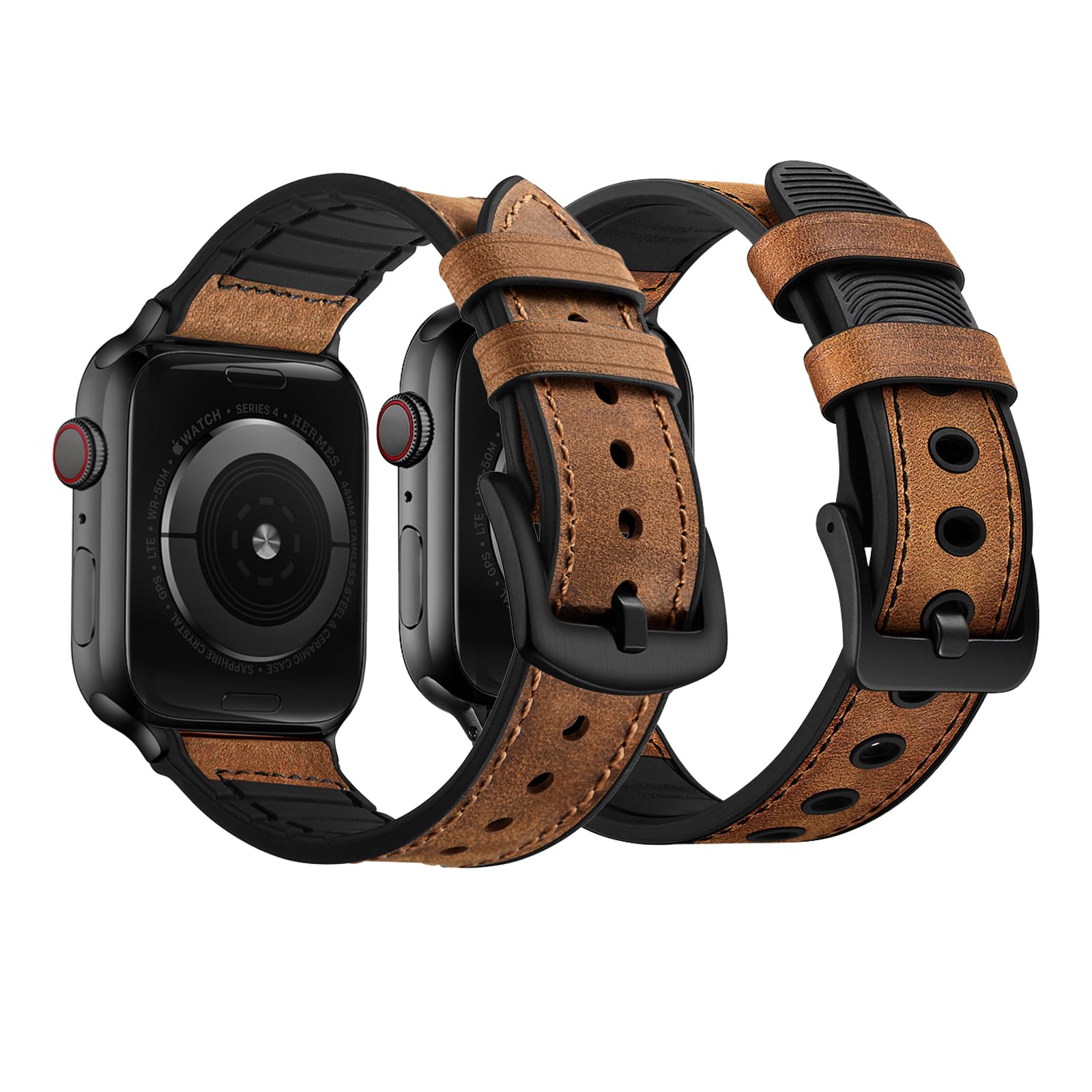 OUHENGCompatible with Apple Watch Band 42mm (Series 10) 41mm 40mm 38mm, Sweatproof Genuine Leather and Rubber Hybrid Band Strap for iWatch, Brown/Black+Brown/Black2.0