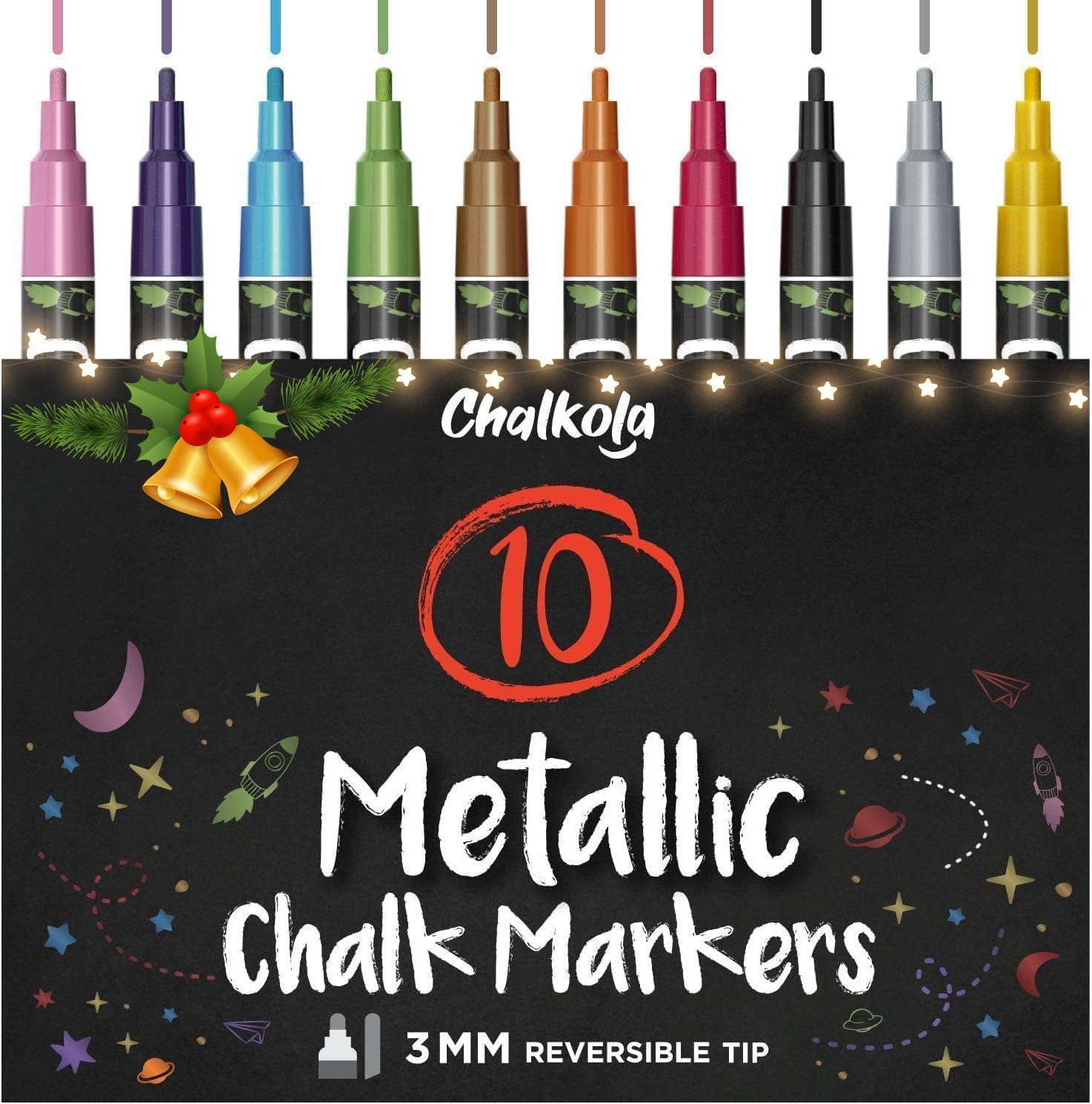 Metallic Liquid Chalk Pens Fine Tip - Dry Erase Marker Pen for Chalkboard Signs, Windows, Blackboard, Glass - 3mm Reversible Tip (10 Pack)
