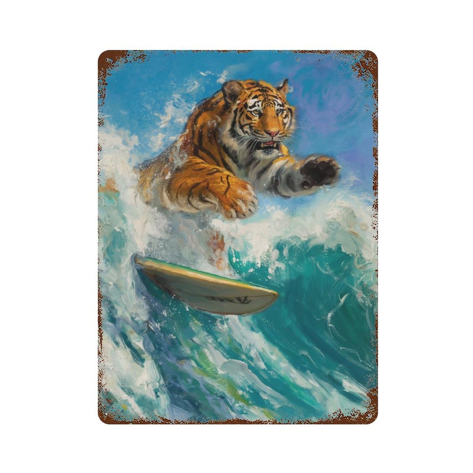 Tiger Surfer Surfing Waves Vintage Rust Metal Sign 15.7"x11.8", Shabby Chic Decor for Garage, Pub Or Kitchen