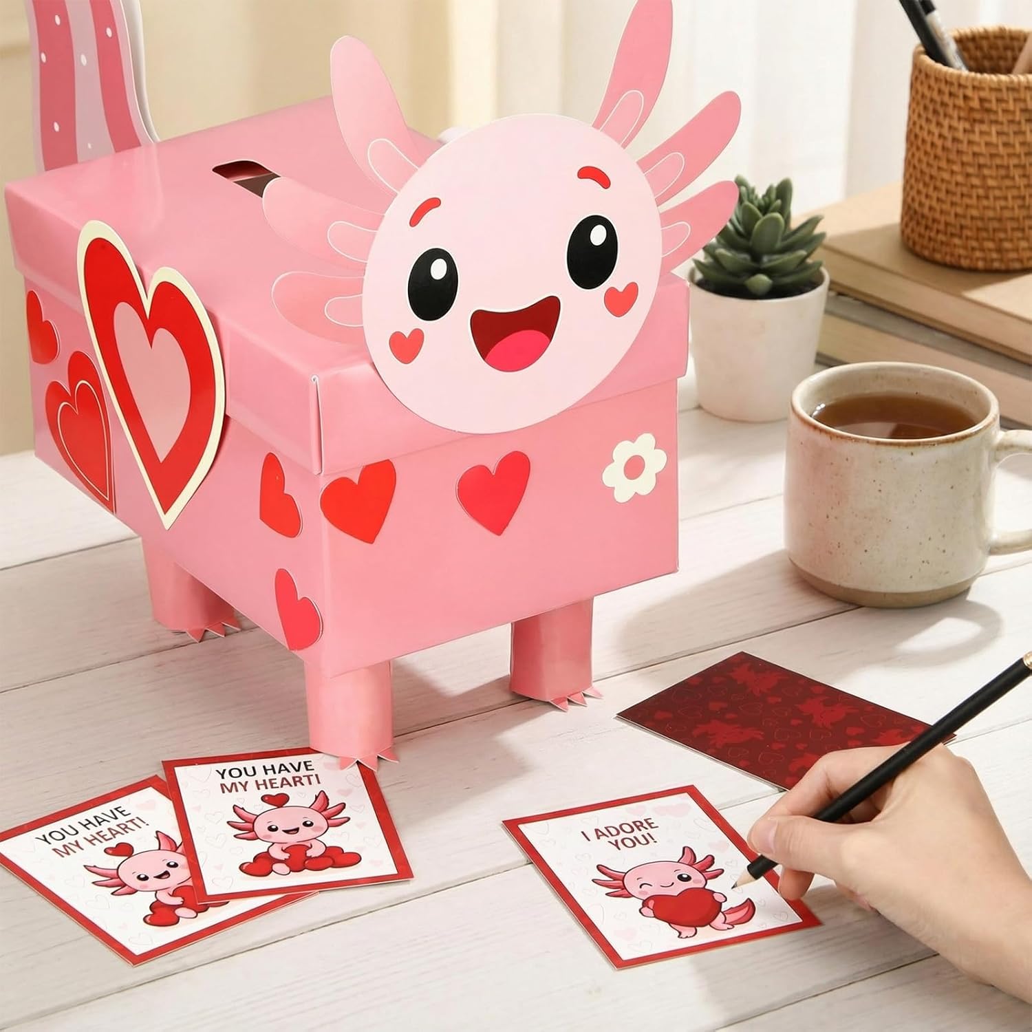 Motipuns Hexagonal Axolotl Valentine DIY Mailbox with 30 Cards Set for Boys Girls 18.9 x 11.22 x 7 Inches Card Box Kit for School Classroom Exchange, Valentine Party Favors Holiday Gift
