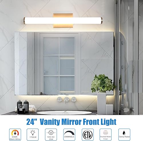 Miniatura 2 de Luz LED de espejo de tocador de 24 pulgadas, lámpara de pared de baño blanca cálida de 3000 K, 25 W 1750 LM, regulable, elegante acabado de níquel